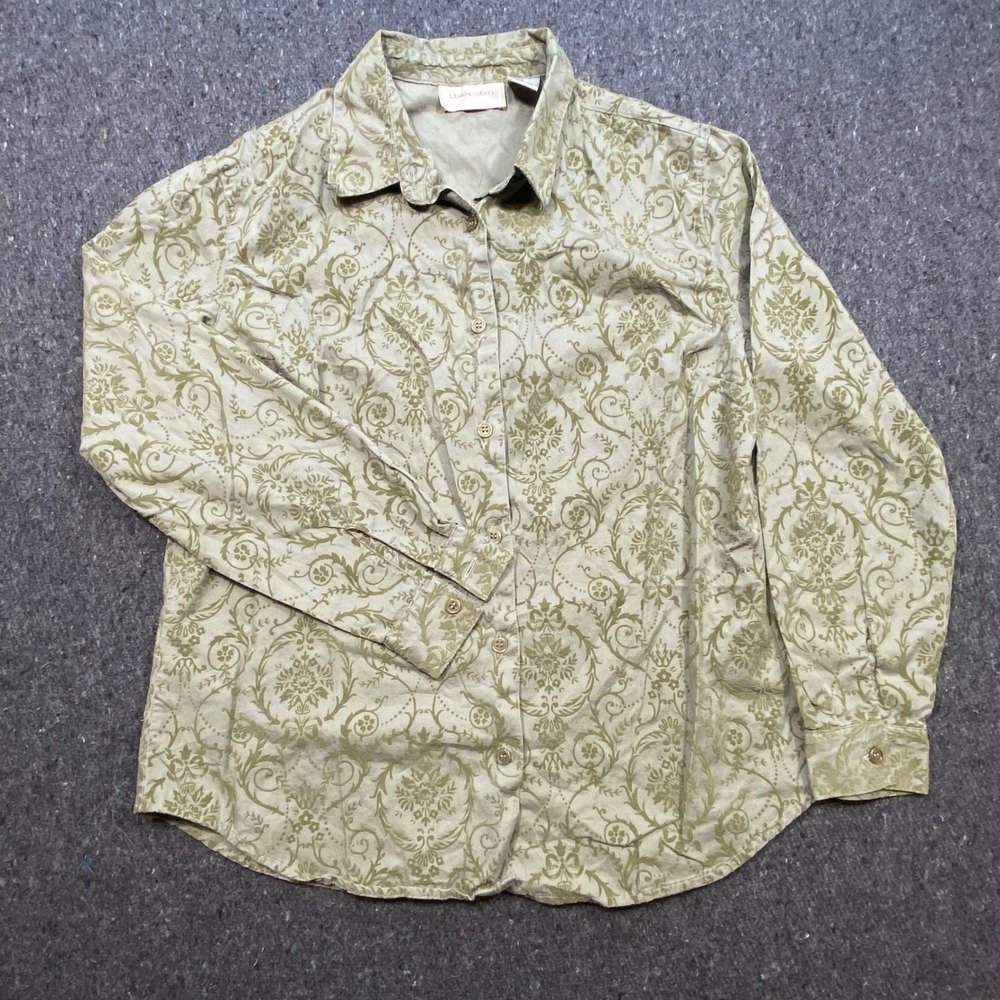 Lemon Grass Damask Scroll Women Large Green Cotton Button Down Shirt Long Sleeve